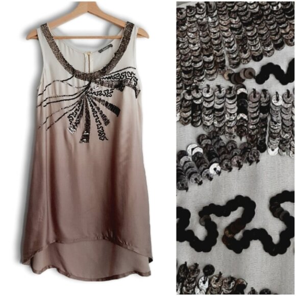 SOUTH Sequins Dip-Dye Silky Tunic Tank High Low Hem Top Cream & Tan Sz M Flawed - Picture 1 of 16